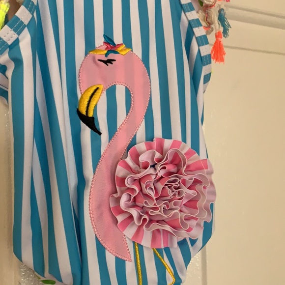 Baby Girl Flamingo Striped Swimsuit -Size 6-12mths - Picture 2 of 5